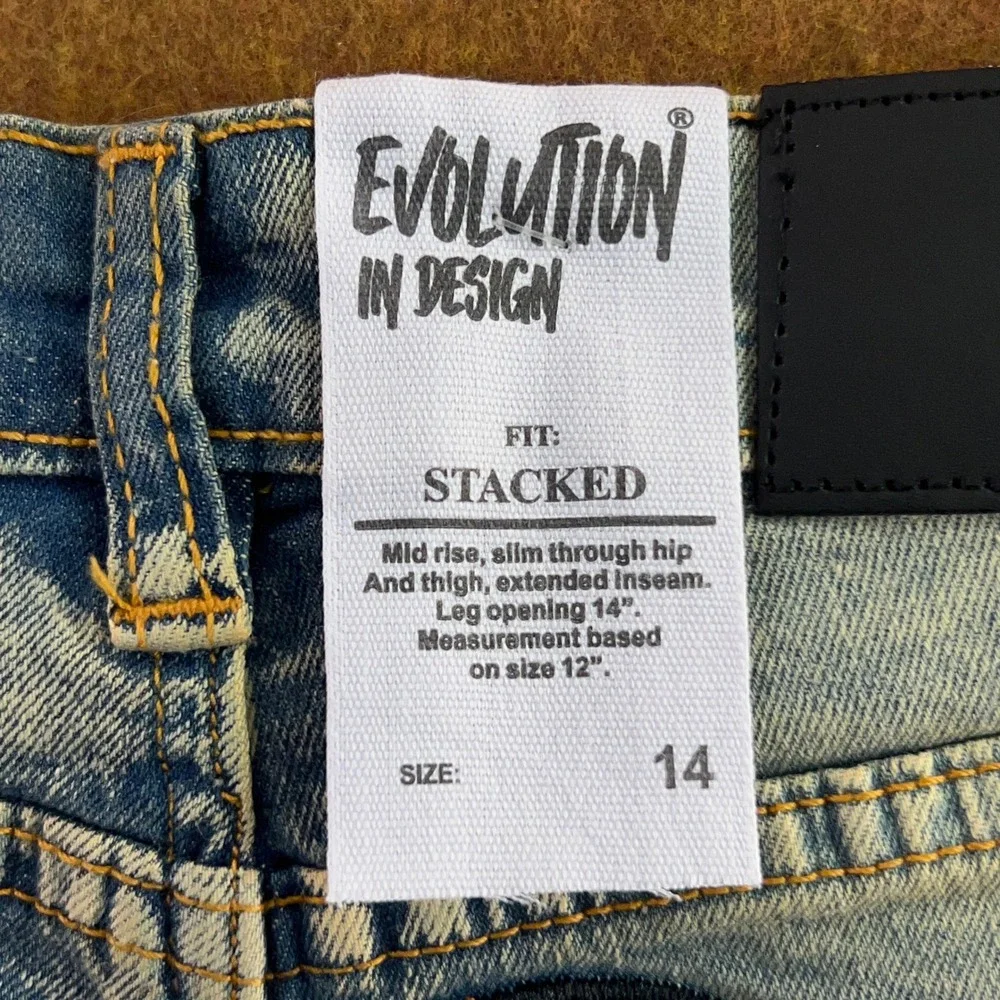 Evolution In Design Boys Size 14 Blue Gothic Patch Stacked Fit Jeans NWT